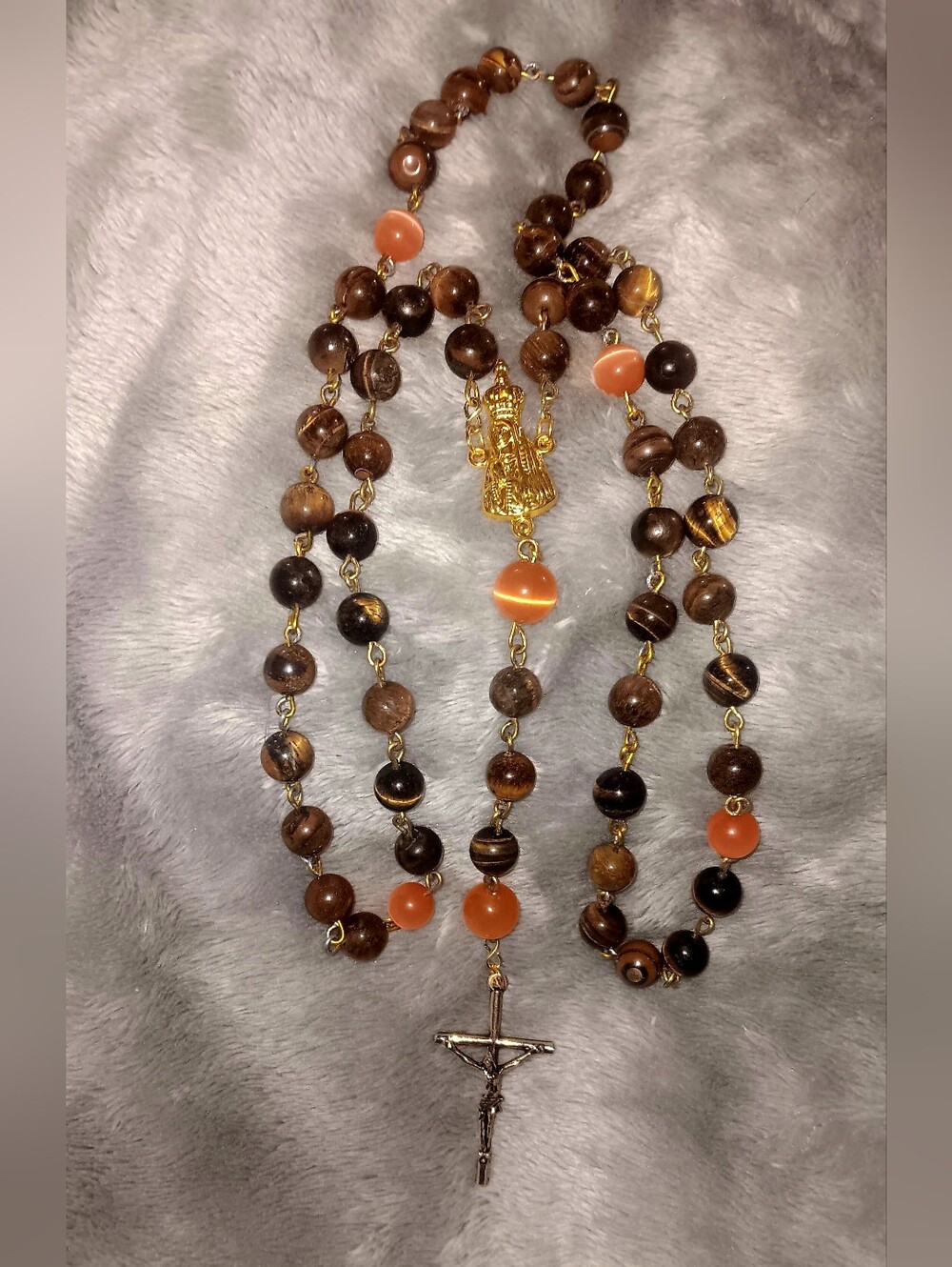 Tiger's Eye Brown Stone Rosary with Gold Crucifix